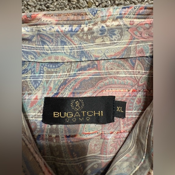 Bugatchi Uomo Shirt Mens XL Pastel Green Orange Paisley Floral Ruffle Botanical - Picture 8 of 12